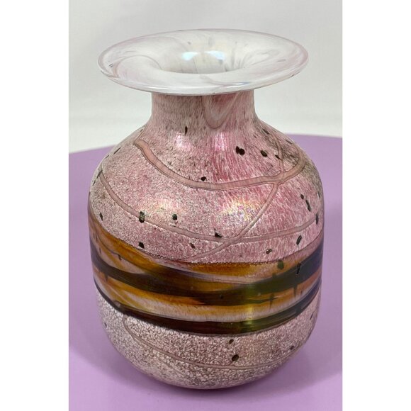 Vintage art glass vase, pink, green, gold, hand blown, signed Gozo Jean - Picture 4 of 10